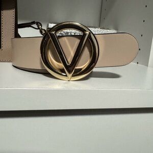 Valentino Cream Belt with Gold V Buckle